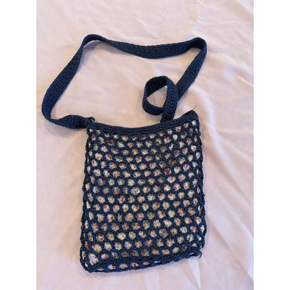 Y2K VTG Blue Crochet Floral Lined BOHO Festival Early 2000s Bag Excellent